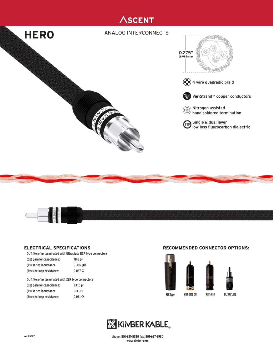 Kimber Kable - Ascent Series Hero Analog Interconnects (Pair) Rca Ultraplate Or Wbt Connectors New