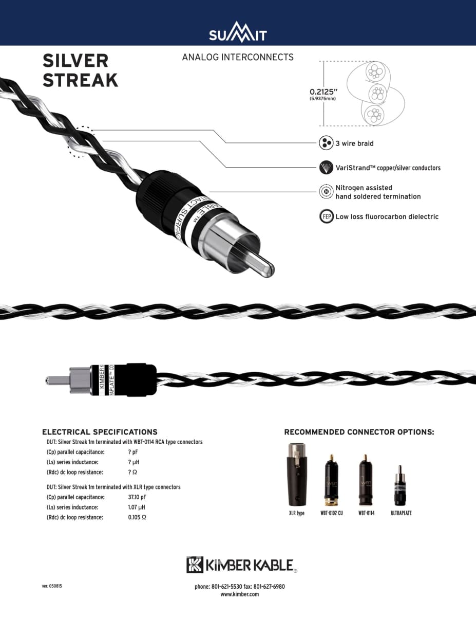 Kimber Kable - Summit Series Silver Streak Analog Interconnects (Pair) Rca Ultraplate Or Wbt